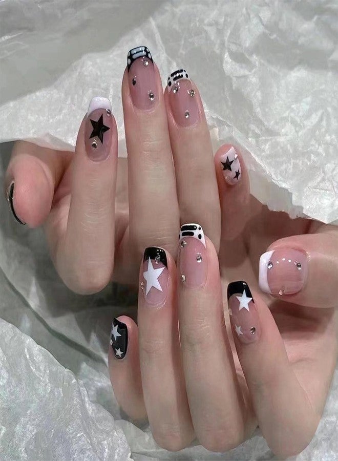 Vopintpy French Tip Press on Nails Short Square Fake Nails Black White Star Rhinestones False Nail Design Glossy Full Cover Artificial for Women Charm Manicure Reusable Stick on Nail - Image 1